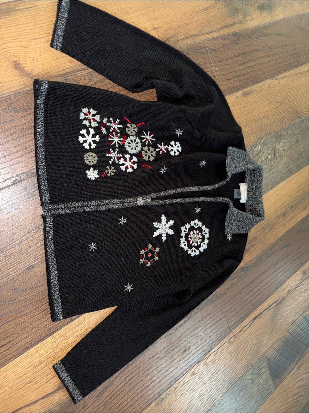 Allison Daley Black Cardigan with Gray Trim and Snowflake Accents
